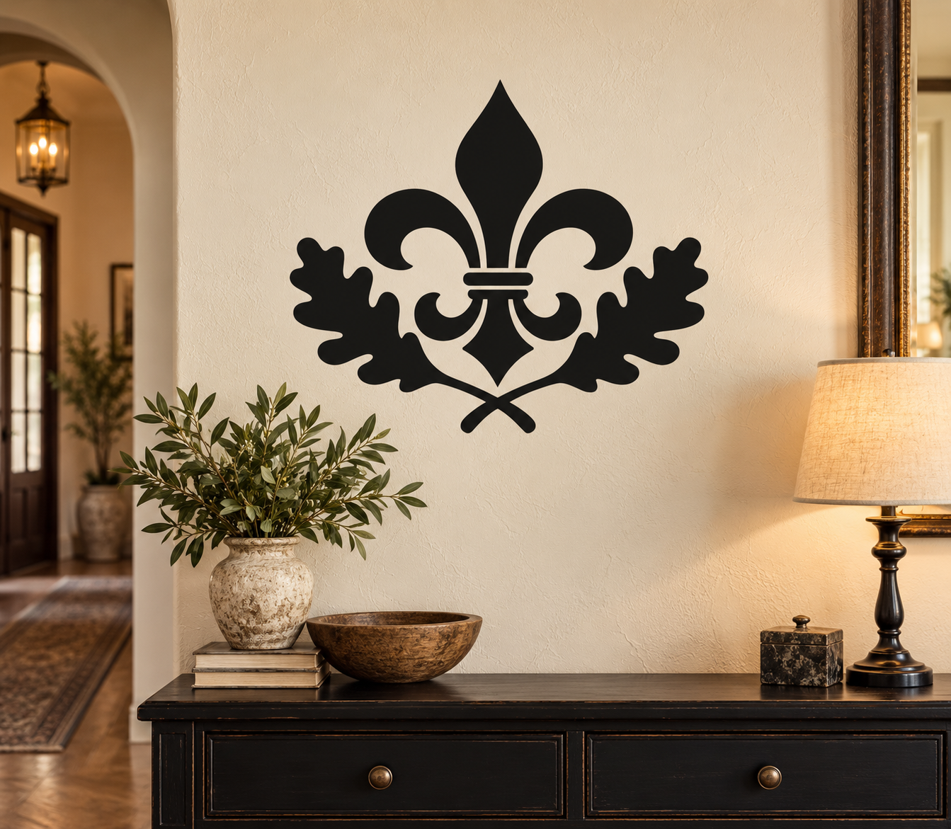 Black fleur-de-lis and oak leaf vinyl wall decal with bold silhouette