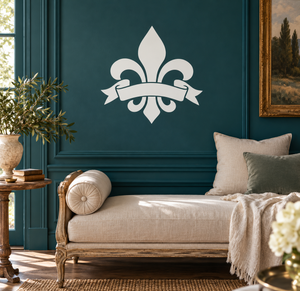 White fleur-de-lis with ribbon vinyl wall decal