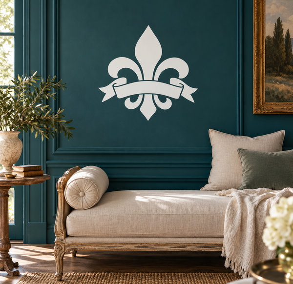 White fleur-de-lis with ribbon vinyl wall decal