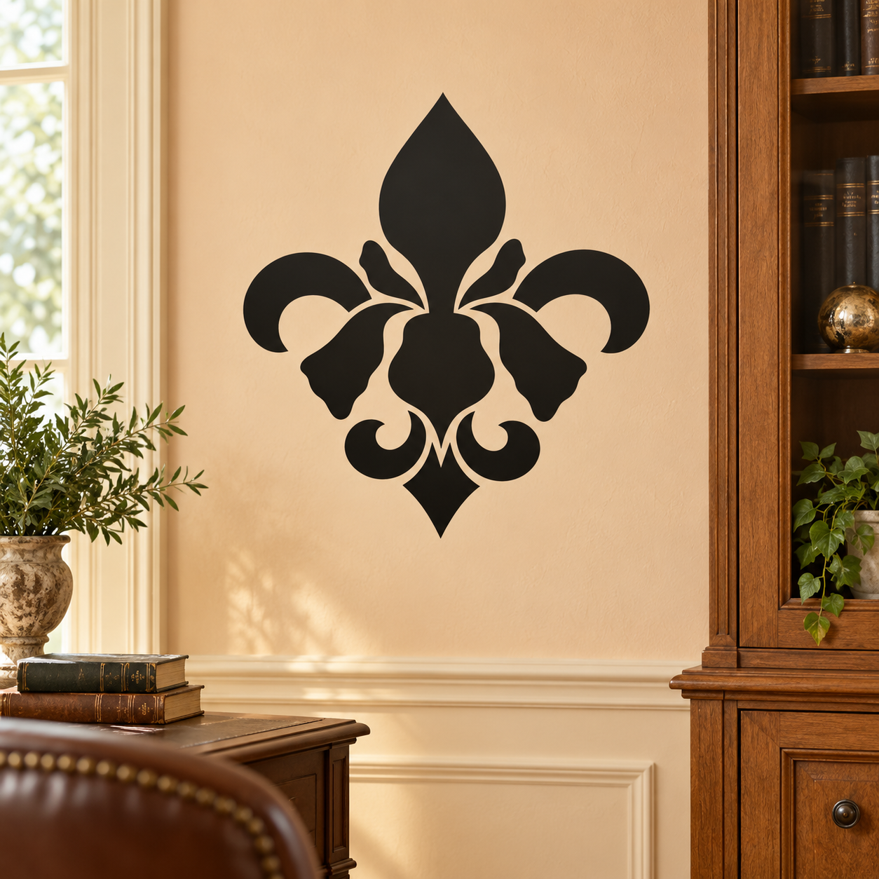 Black fleur-de-lis and iris vinyl wall decal, ornate botanical silhouette