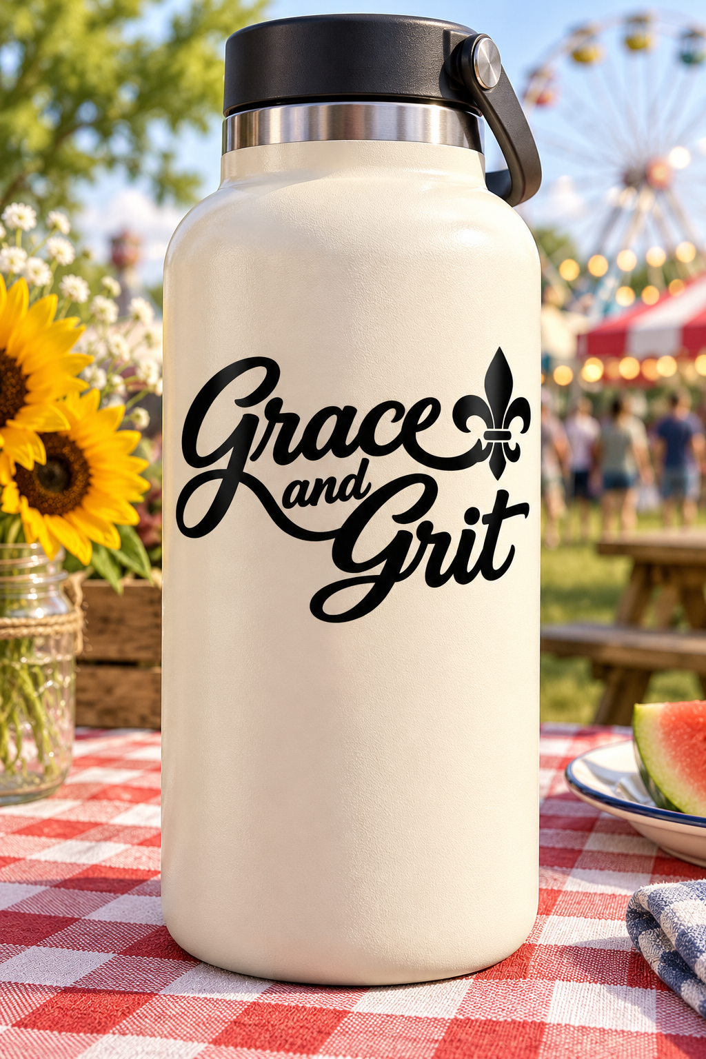 Vinyl decal with black Grace and Grit script and fleur-de-lis ornaments
