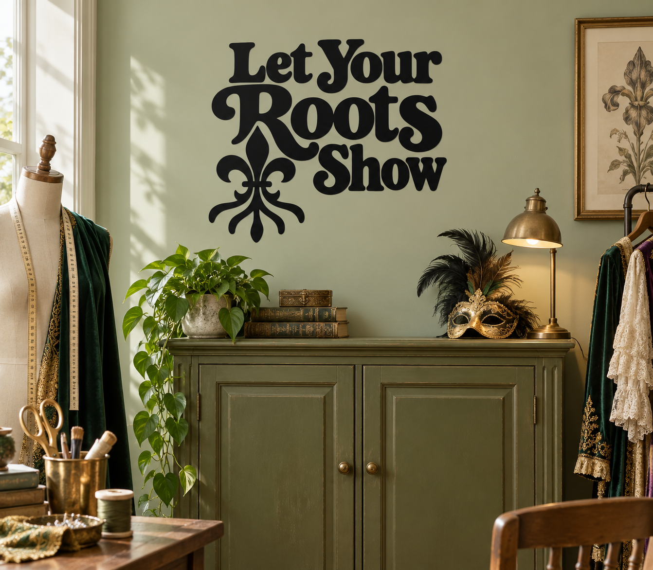 Vinyl wall decal with text "Let Your Roots Show" and fleur-de-lis in black