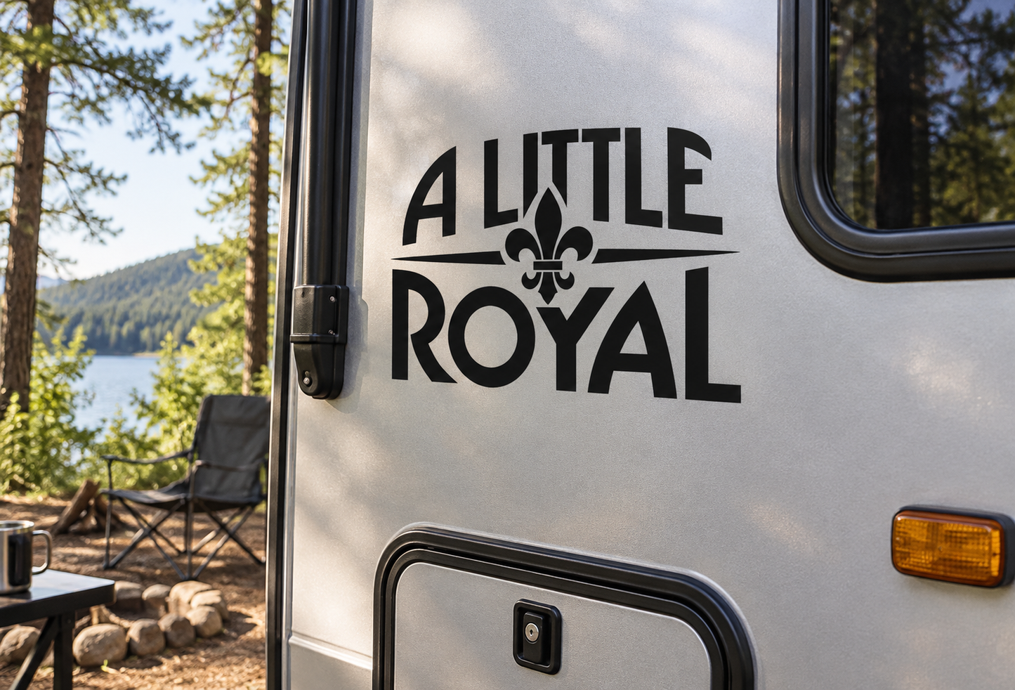 Black vinyl decal reading "A LITTLE ROYAL" with fleur-de-lis emblem