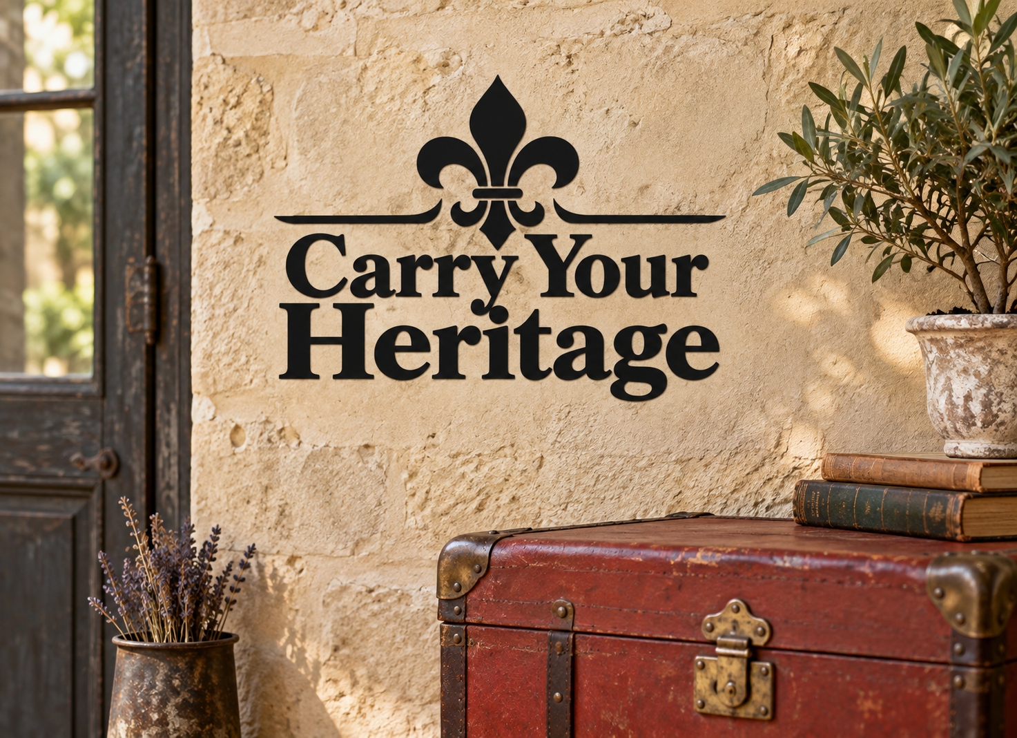 Vinyl decal with fleur-de-lis icon and 'Carry Your Heritage' text, black