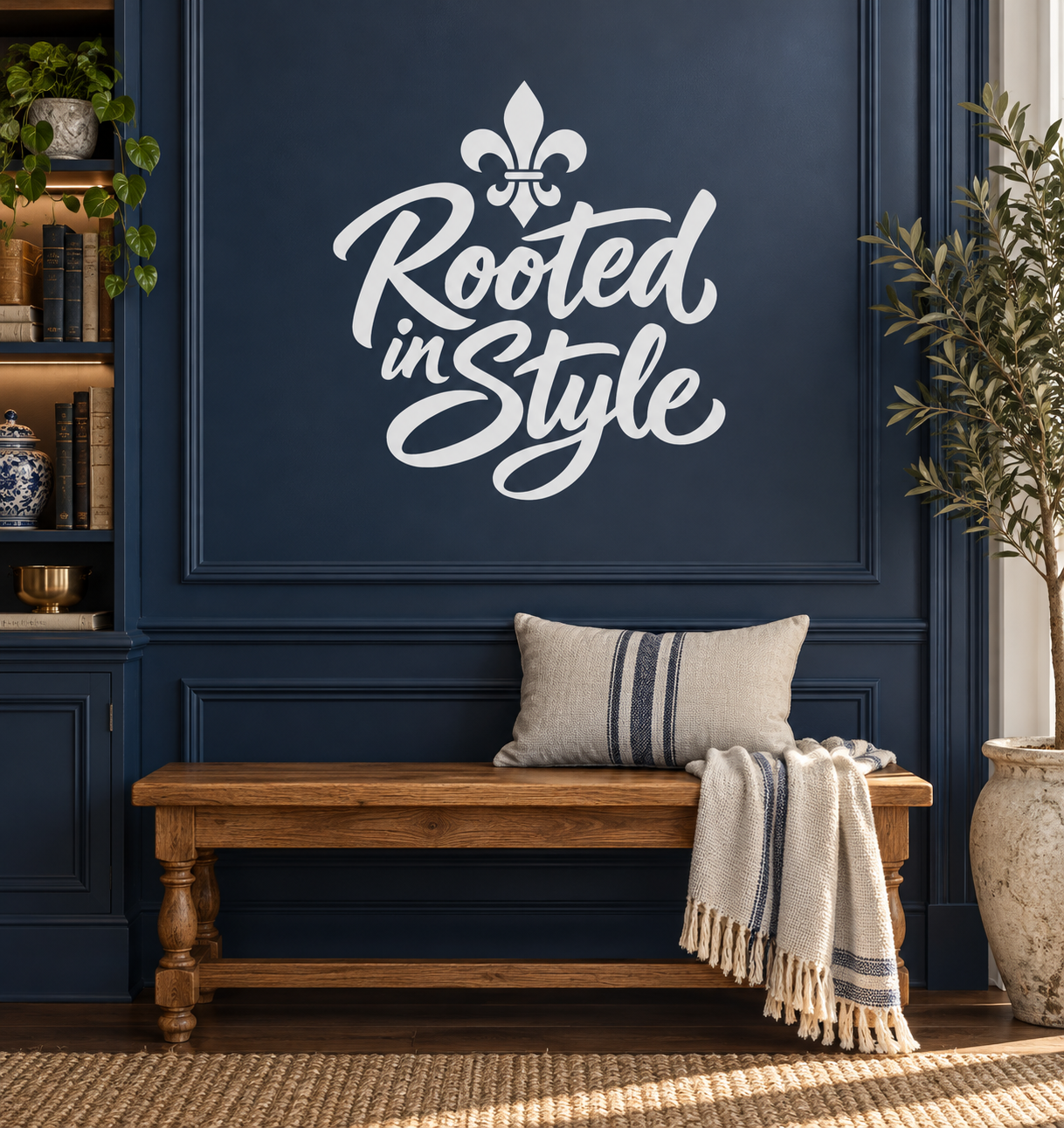 Vinyl decal with FleurDeLisCX026 fleur-de-lis above “Rooted in Style” script lettering