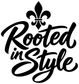 Vinyl decal close-up in black: fleur-de-lis icon with “Rooted in Style” script