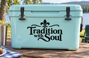 Black vinyl decal with “Tradition with Soul” text and fleur-de-lis above