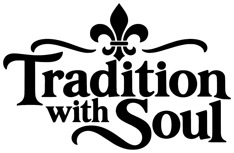 Close-up black “Tradition with Soul” vinyl decal with fleur-de-lis ornament