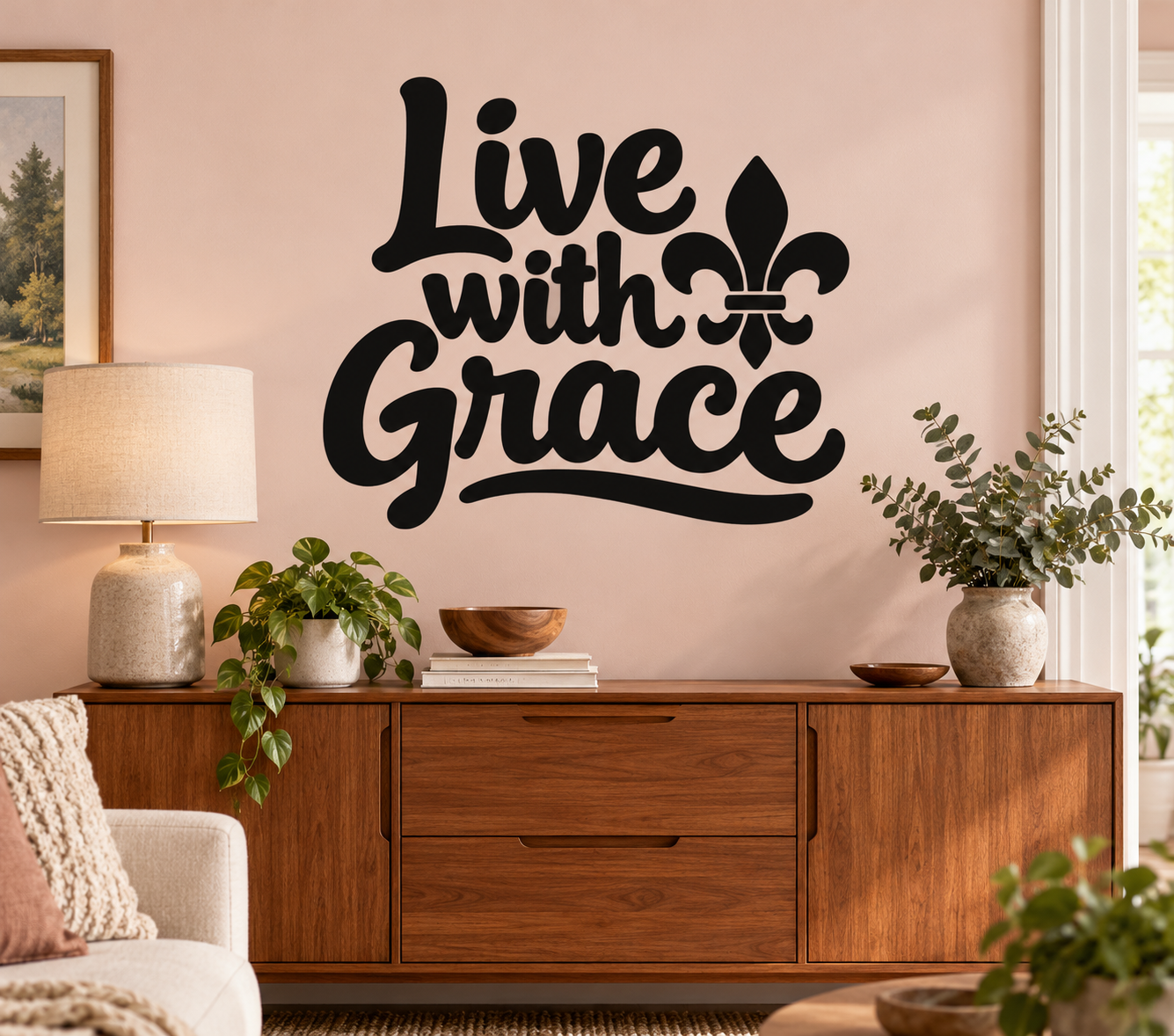Black vinyl wall decal reading “Live with Grace” with fleur-de-lis accent