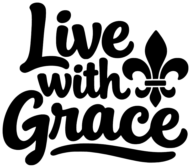 Black vinyl decal reading “Live with Grace” with fleur-de-lis icon