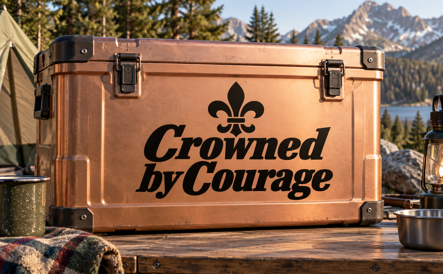 Vinyl decal with black Fleur-de-Lis and text 'Crowned by Courage'.