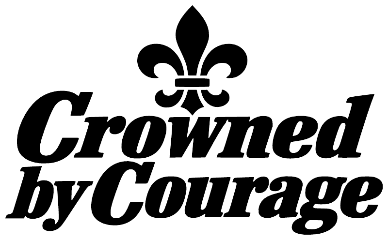 Vinyl decal close-up: black Fleur-de-Lis above 'Crowned by Courage' lettering.