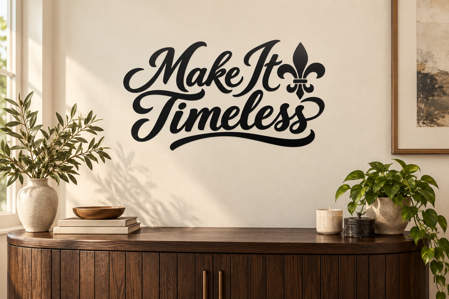 Black vinyl decal lettering “Make It Timeless” with fleur-de-lis heart icon
