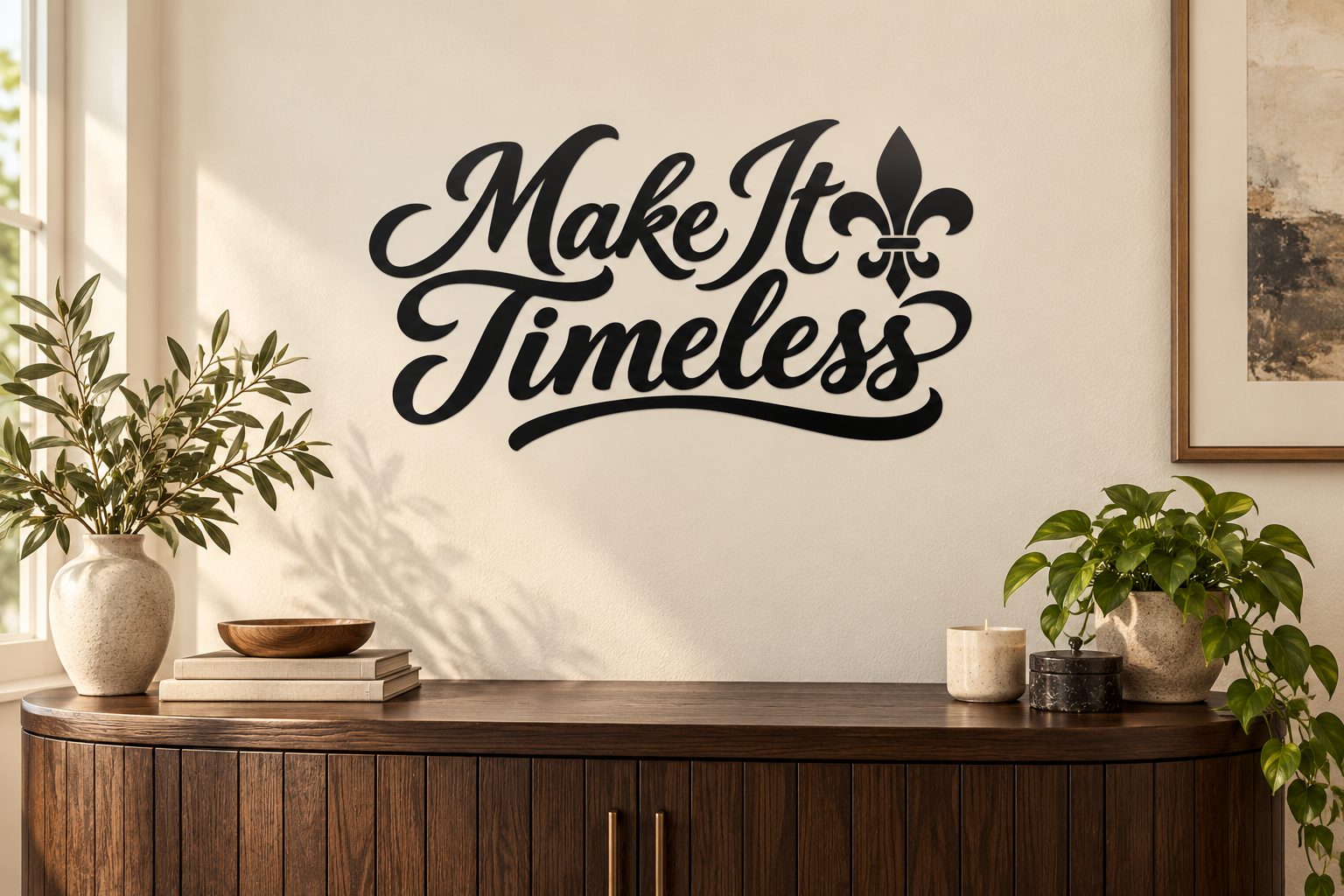 Black vinyl decal lettering “Make It Timeless” with fleur-de-lis heart icon