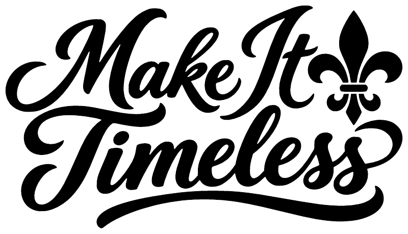 Close-up of black “Make It Timeless” vinyl decal with fleur-de-lis heart flourish