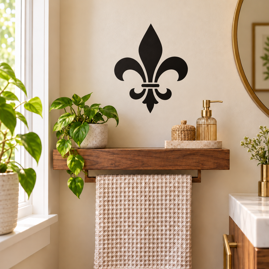 Vinyl fleur-de-lis emblem decal with swept petal accents in matte black