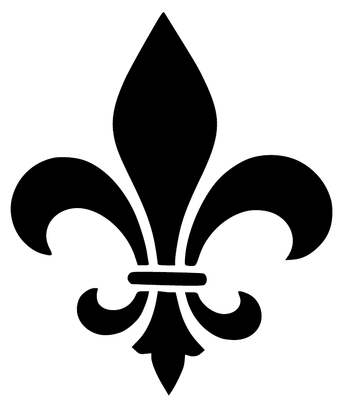 Black fleur-de-lis vinyl decal with curved petals and rounded crossbar
