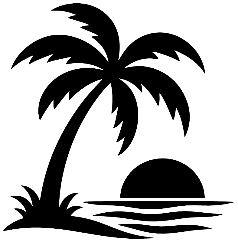 Palm tree and sunset vinyl decal, black silhouette with sun and ocean waves