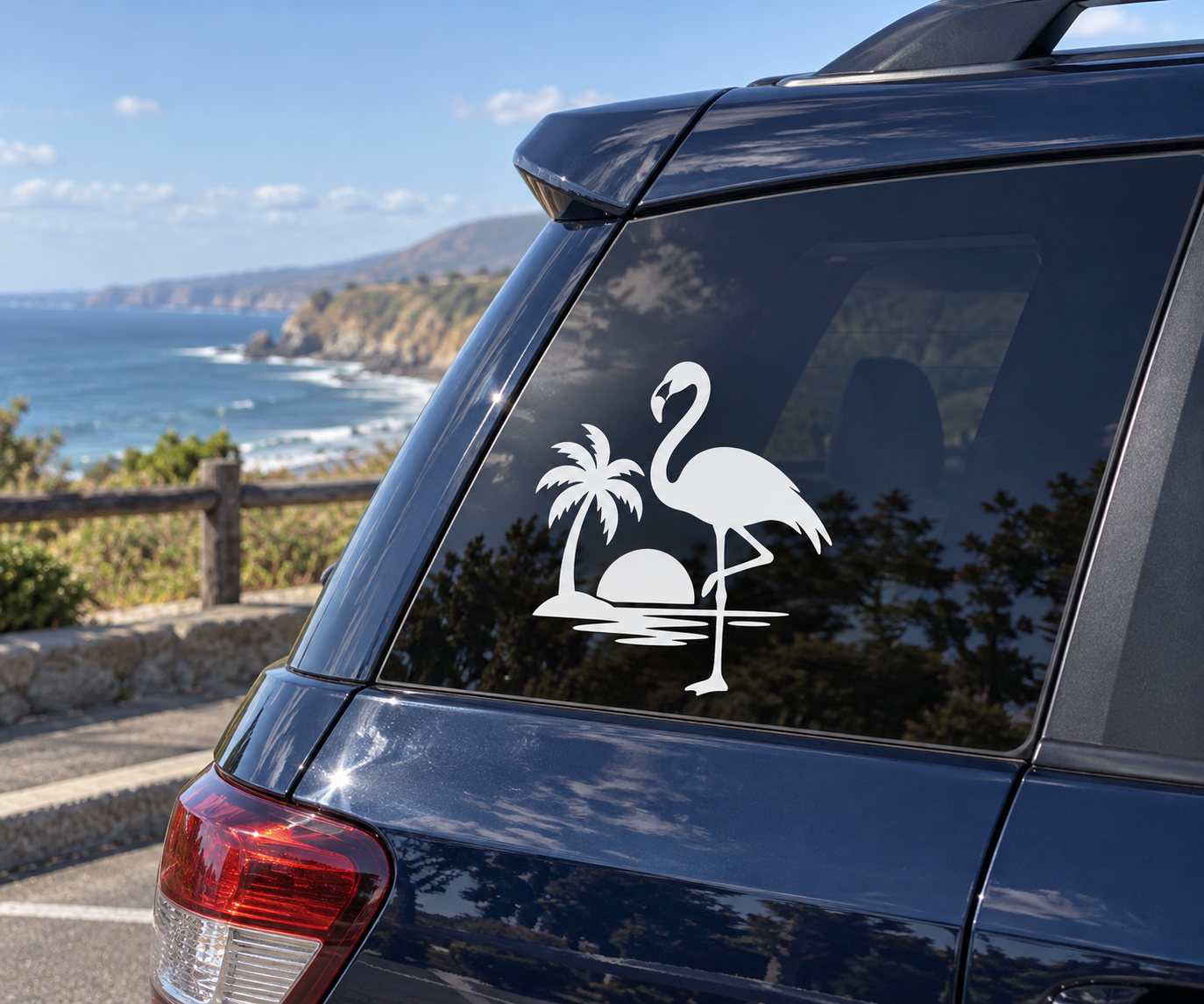 Florida flamingo pose vinyl decal in white, with palm tree and water ripples