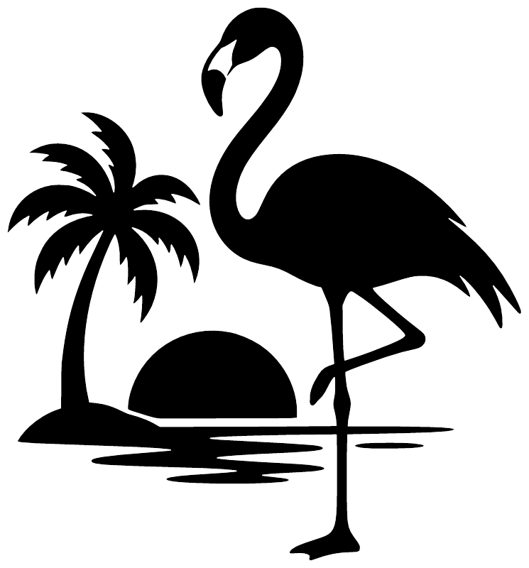Flamingo pose vinyl decal in black with palm tree and water ripples