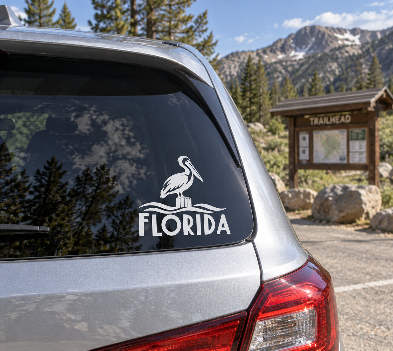 Florida pelican vinyl decal on car rear window, pelican above FLORIDA text