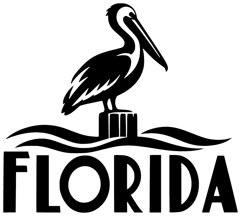 Florida pelican vinyl decal, black pelican and FLORIDA lettering on white