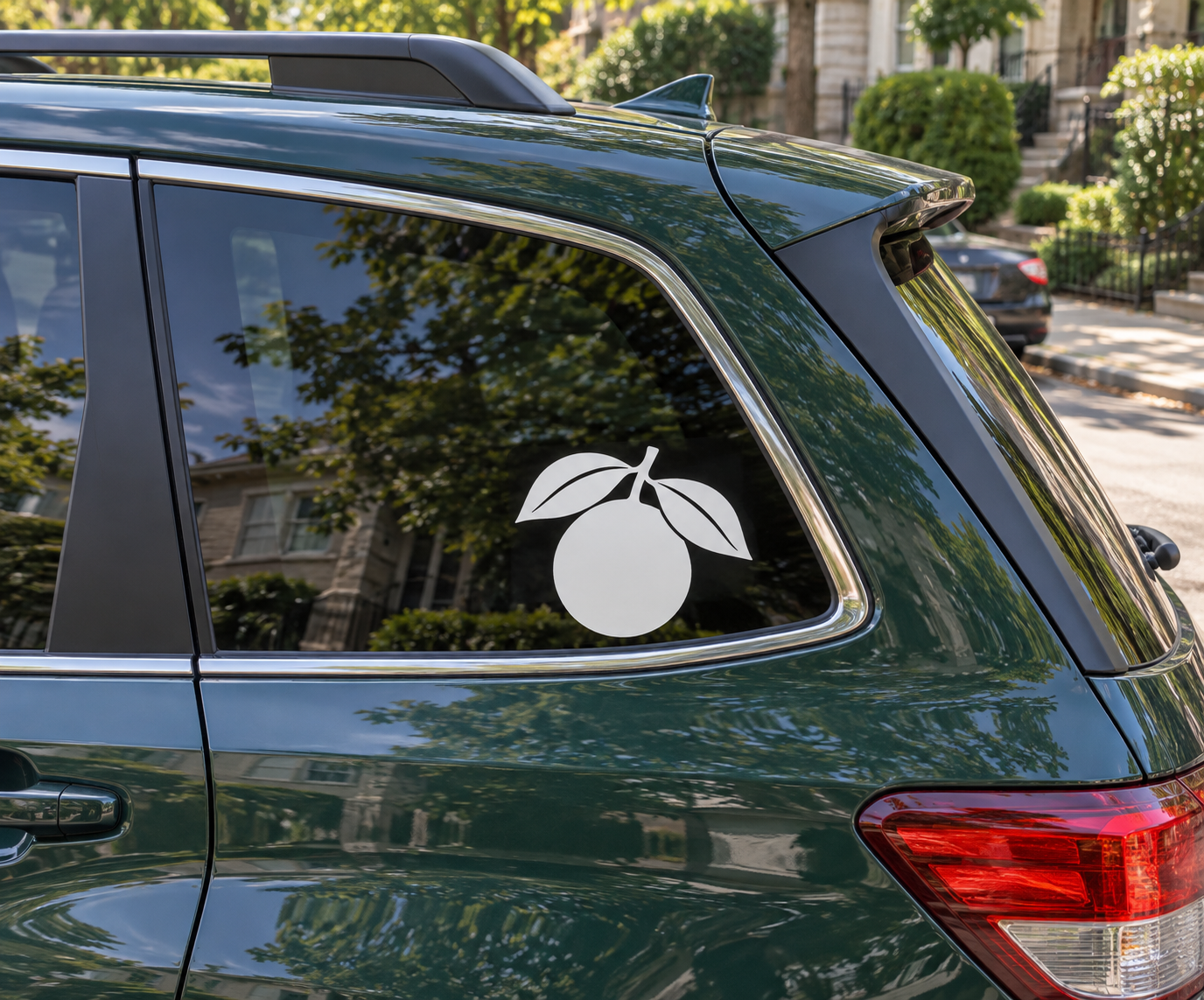 Orange fruit vinyl decal with leaves on car rear window