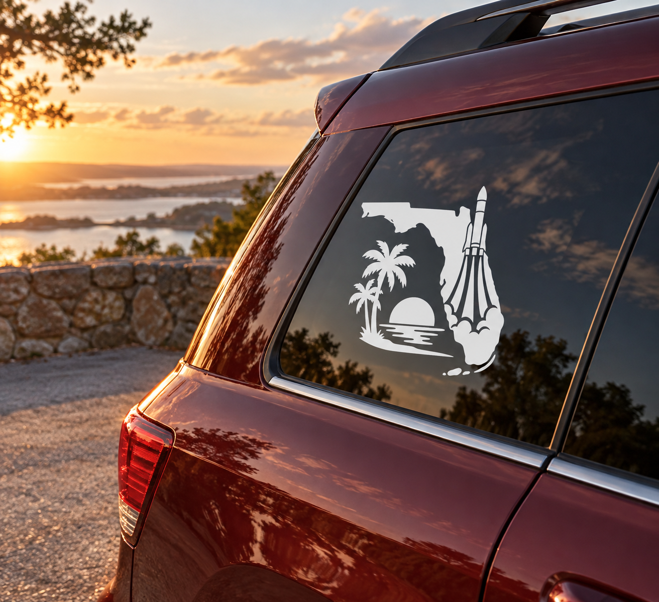 Florida Space Coast rocket vinyl decal with Florida silhouette, palms, rocket and waves