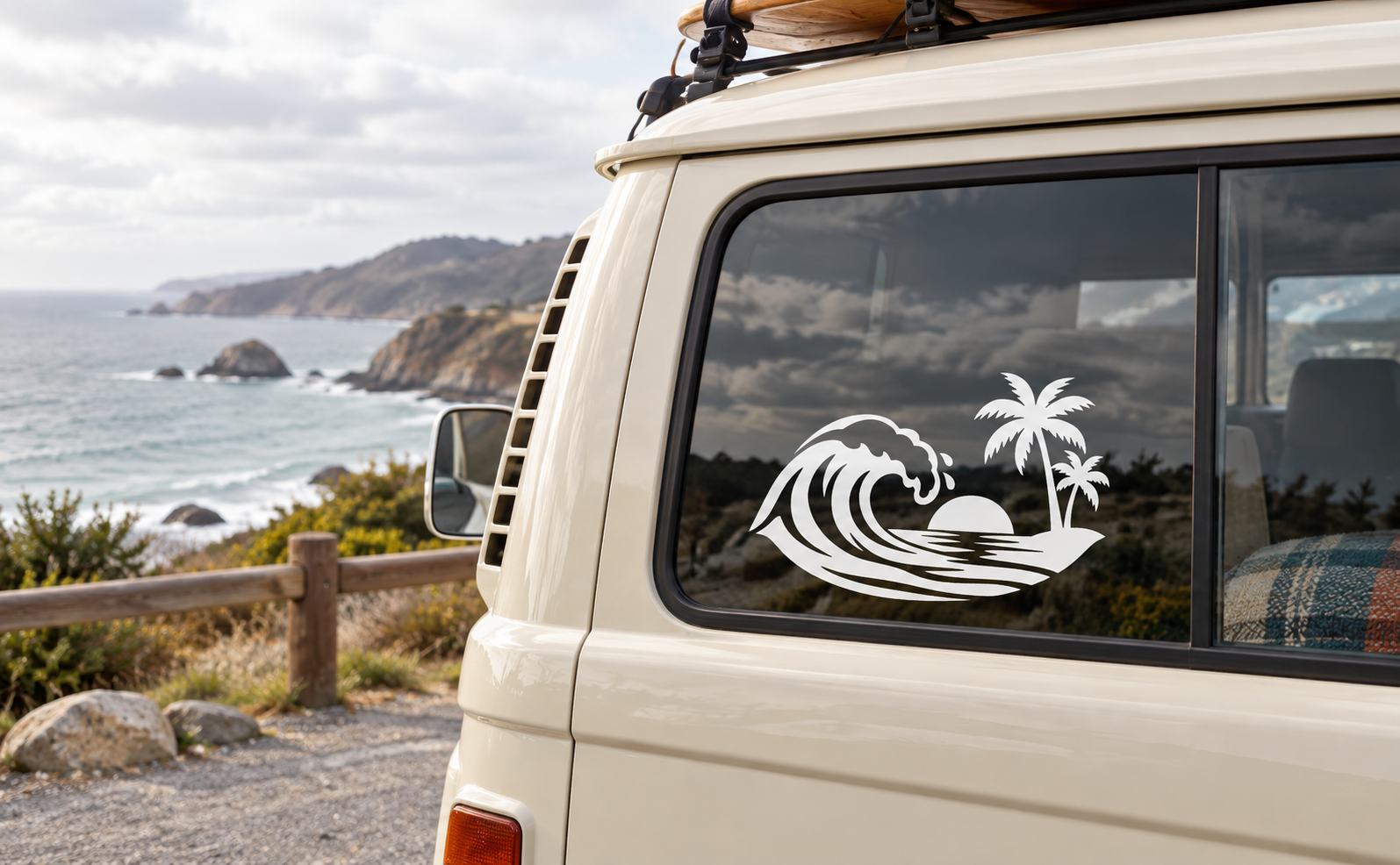 White surf wave and palm tree vinyl decal on car window