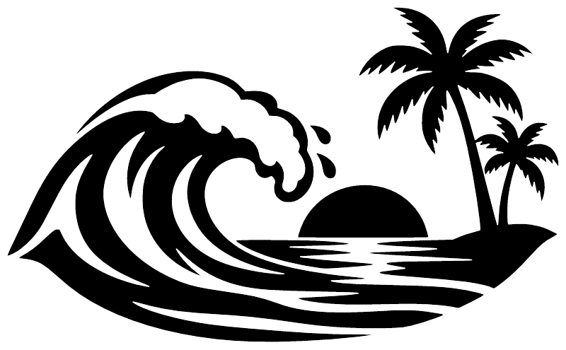 Black wave, palm trees, and beach silhouette vinyl decal