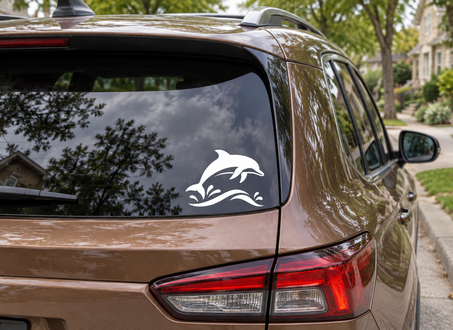 Florida dolphin leap vinyl decal showing a leaping dolphin on a car rear window