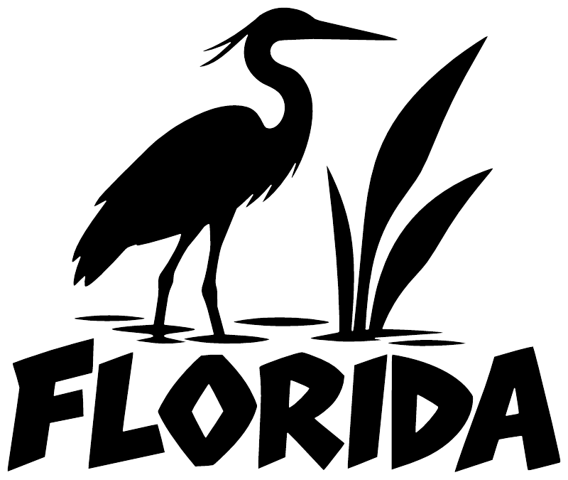 Vinyl decal with a black heron, FLORIDA lettering, and marsh grass silhouettes