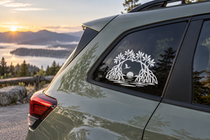 Mangrove lagoon vinyl decal on car window: bird over water under trees