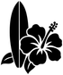 Surfboard vinyl decal graphic with black hibiscus and surfboard outline