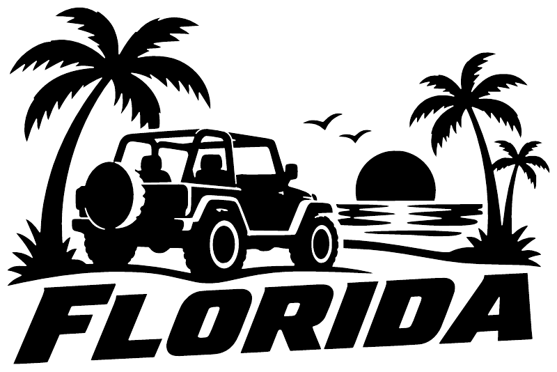 Florida vinyl decal graphic with jeep, palm trees, birds, and “FLORIDA” text