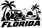 Florida vinyl decal graphic with jeep, palm trees, birds, and “FLORIDA” text