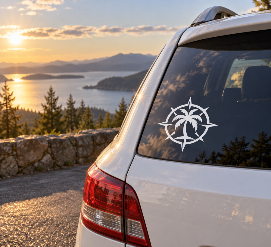 Florida palm compass vinyl decal on car rear window, white palm tree in compass star