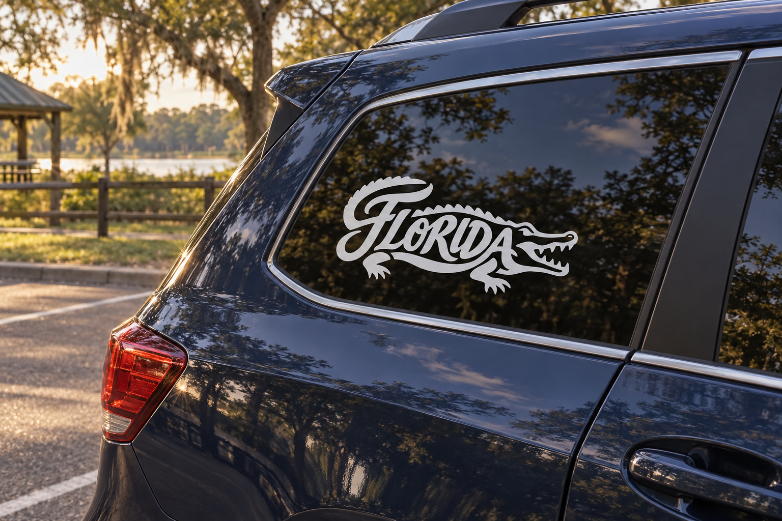 Florida lettering vinyl decal on car rear window, white and black alligator graphic