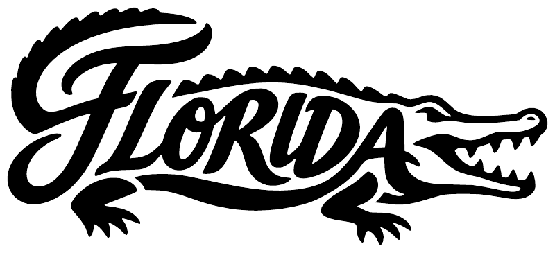 White Florida lettering vinyl decal with black alligator silhouette, close-up