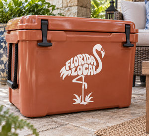 Florida pride vinyl decal showing flamingo and FLORIDA LOCAL lettering on cooler