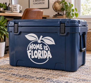 Vinyl decal reading 'Home is Florida' with palm-leaf icon in white on blue bin