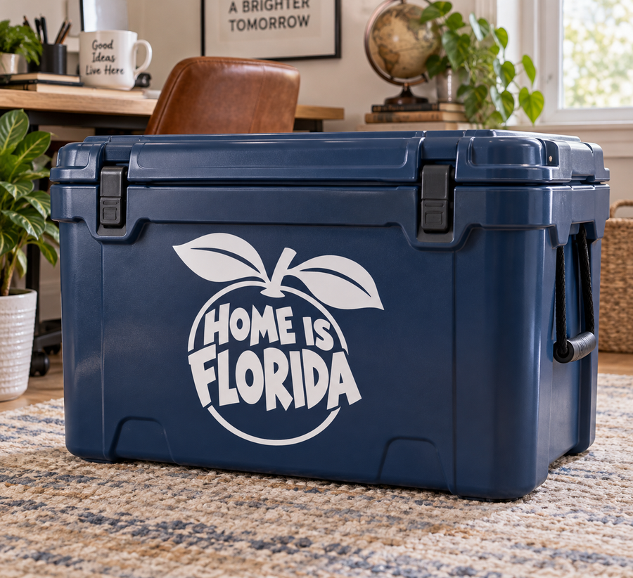 Vinyl decal reading 'Home is Florida' with palm-leaf icon in white on blue bin