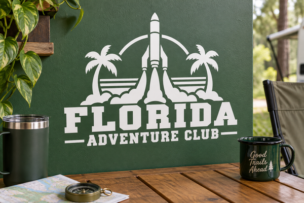 White Florida Adventure Club rocket and palm vinyl decal logo