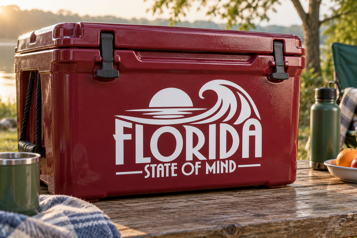 White vinyl Florida State of Mind decal with sun and wave swirl graphic