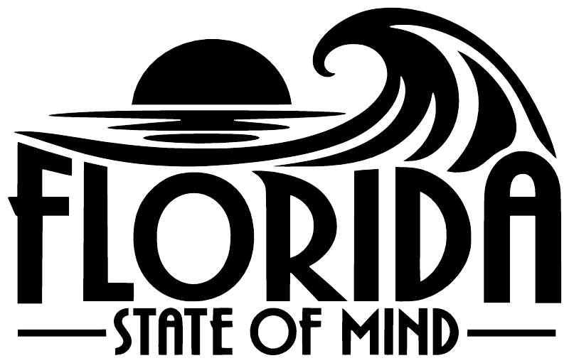 Black and white vinyl Florida State of Mind decal with sun and wave swirl