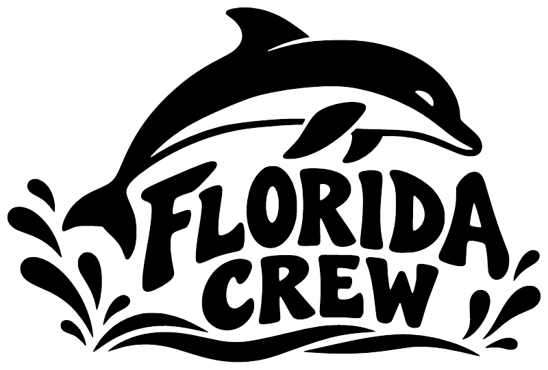 Florida Crew vinyl decal with dolphin silhouette and bold lettering, black design on white
