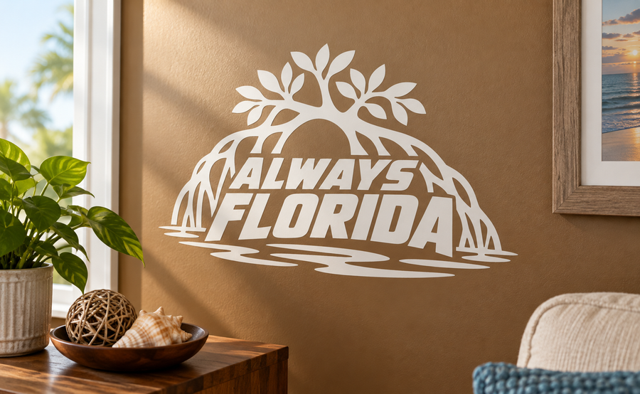 Always Florida vinyl wall decal with tree canopy and arch, white design