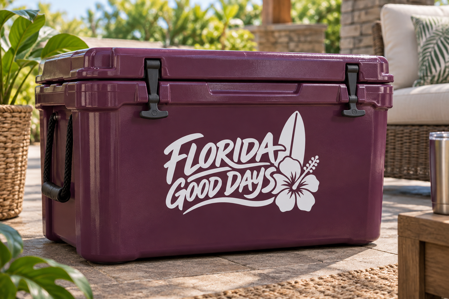 Florida Good Days vinyl decal on maroon cooler: white script text with hibiscus flower.