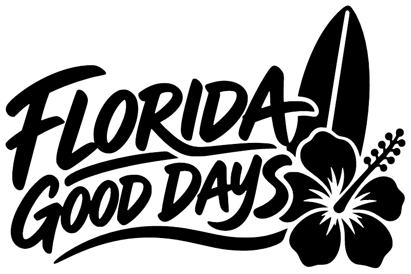 Black vinyl decal of 'Florida Good Days' with hibiscus and surfboard graphic.