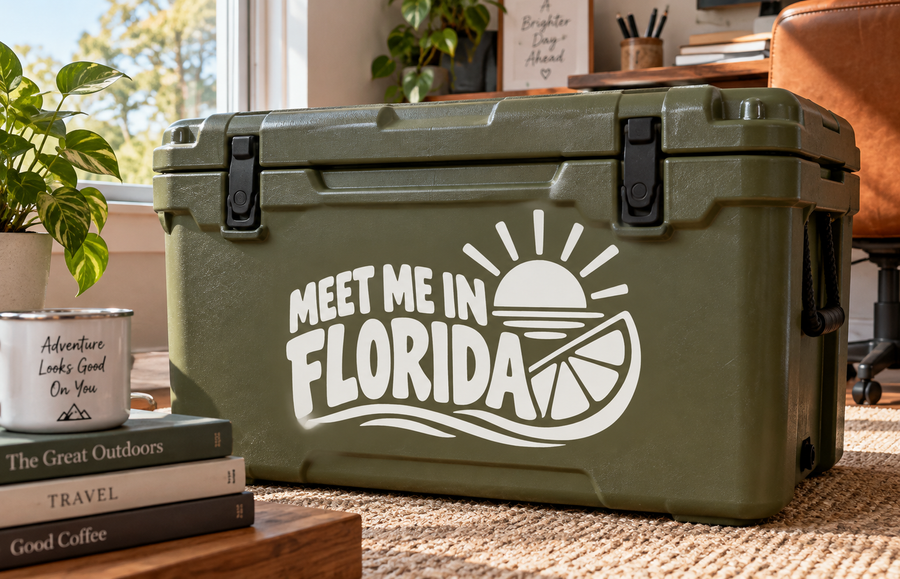 Vinyl decal for cooler: "Meet me in Florida" with sun and hammock graphic